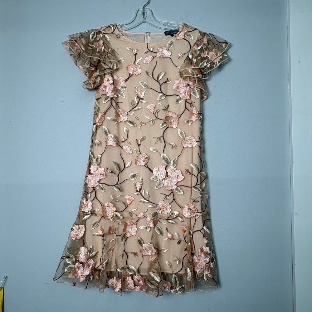 Eva by Eva Franco Pink Floral Embroidered Mesh Flutter Sleeve Dress Size 2 Boho